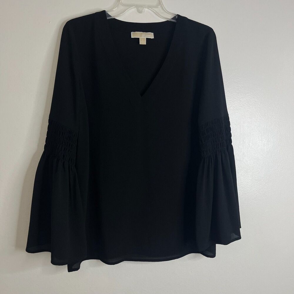 Michael Kors Black Bell Sleeve Office Formal Pullover Blouse V-Neck Sz S